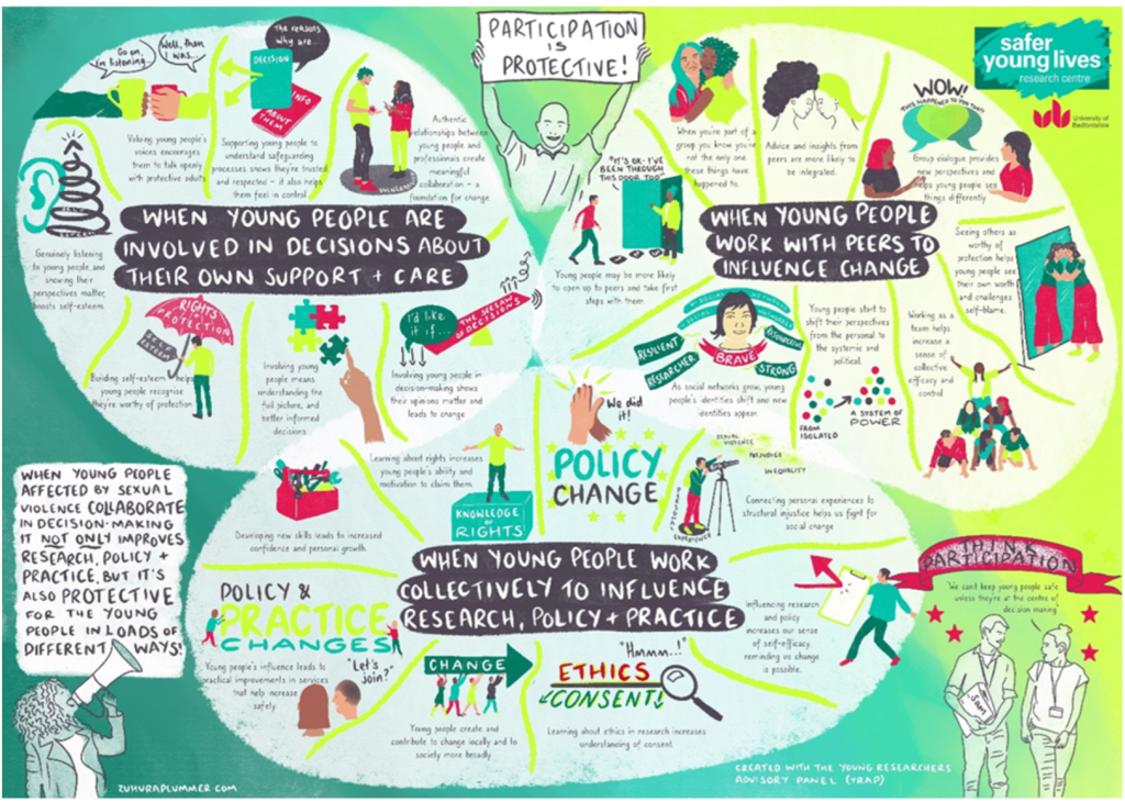 graphic summary of an article called participation is protection